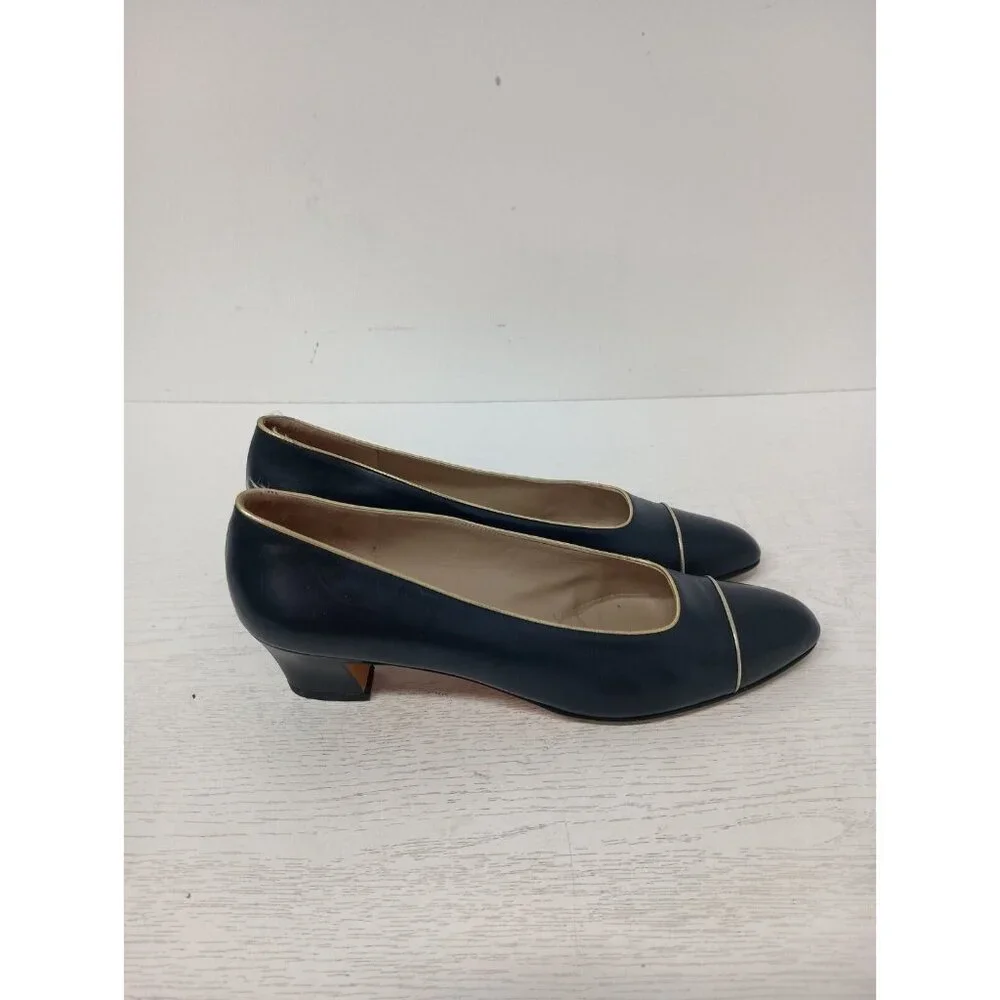 VTG Salvatore Ferragamo Womens Heels Sz 8 Navy Blue Leather Classic Pumps Shoes - Picture 7 of 11